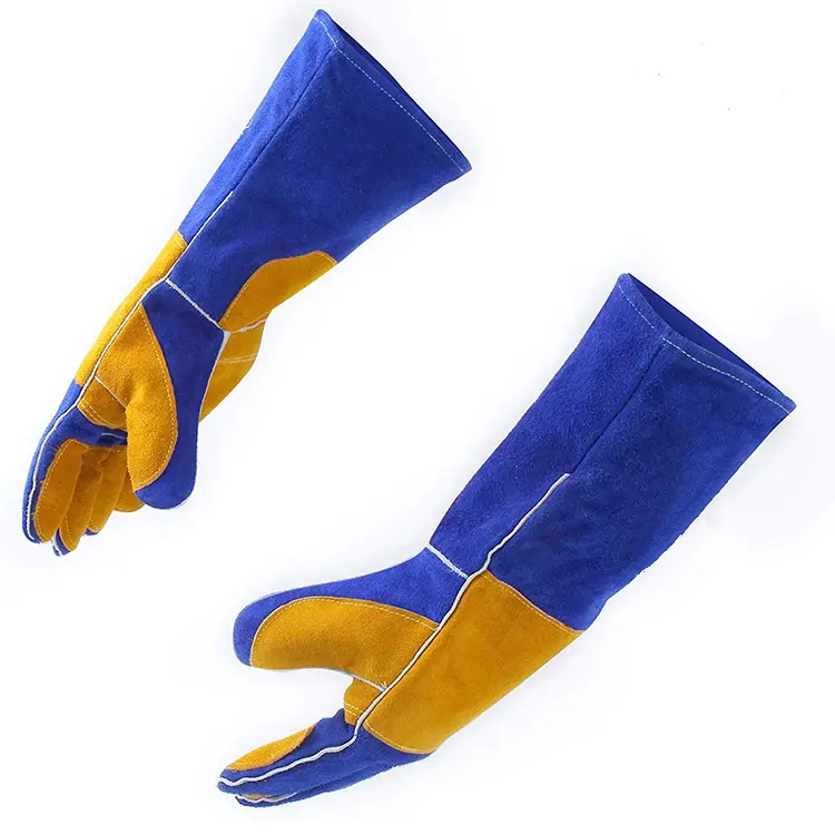 Blue long reinforced double layer padding wear flame cut resistant split cowhide leather welding gloves with hook