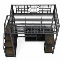 Lit superposé industriel en métal noir double avec escalier, étagères de rangement, robuste, style américain durable pour petit appartement
