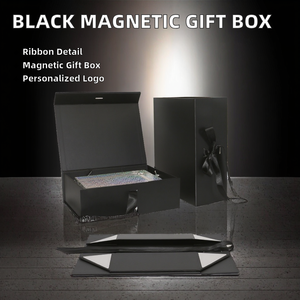 Boîte cadeau en carton renforcé en acier magnétique noir de haute qualité avec logo personnalisé, estampage à chaud et emballage pliable avec ruban - Product Image 2