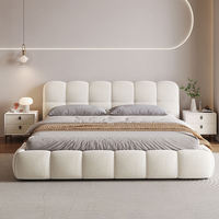 Lit King Size Moderne en Tissu Crème Blanc, Design Épuré, avec Cadre en Bois, Hauteur Réglable, Panneaux en Contreplaqué 180cm, Meuble de Chambre