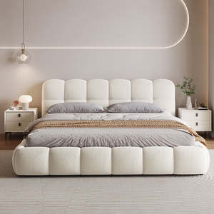 Ensemble de lit King Size YISI, design moderne, tissu blanc crème, cadre en bois, hauteur réglable, 180 cm, meubles de chambre à coucher - Product Image 2