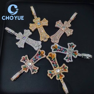 Top Quality 925 Sterling <b>Silver</b> colorful Moissanite Cross Pendant Round Cut Hip Hop <b>Charm</b> Pass Diamond Tester with GRA - Product Image 1