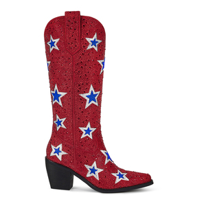WETKISS Rhinestone Patriotic Western <strong>Boots</strong> Red Crystal Stars Cowgirl <strong>Boots</strong> <strong>Sparkly</strong> Chunky Heel Tall <strong>Boots</strong> for Music Festivals - Product Image 2