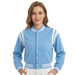 Women's Light Blue Varsity <b>Jacket</b> <b>Short</b> Sleeve Button Closure Contrast Trim Winter Wear Cow Skin Cotton Knitted Breathable - Product Image 1