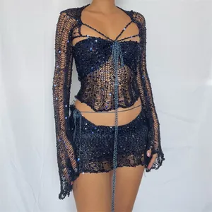 Mùa Thu Autuam 2023 New Arrivals Phụ Nữ Long Lanh Lấp Lánh Sequin Crochet Cardigan Tank Top Và Mini Váy 3 Mảnh Thiết Lập Phụ Nữ Quần Áo