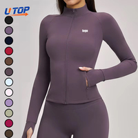 Vêtements de yoga pour femmes, veste violette à manches longues, vêtement d'extérieur brossé respirant, haut de sport ajusté avec poches, haut de course moulant