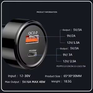 Chargeur de voiture à vente chaude QC3.0 30W USB-C, chargeur de voiture à charge rapide type C pour téléphones mobiles - Product Image 2