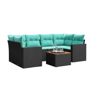 Black Poly Rattan Patio <b>Sofa</b> Set With Cushions <b>7</b> <b>Seater</b> Outdoor Furniture Contemporary Style - Product Image 1