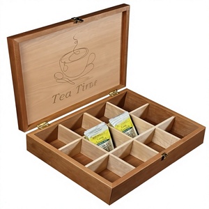 Wood <b>Tea</b> Storage <b>Box</b> Lid Engraved <b>Tea</b> Time Design 12 Compartment Rectangular Classic Style Lacquer Finish Handmade Storage - Product Image 1