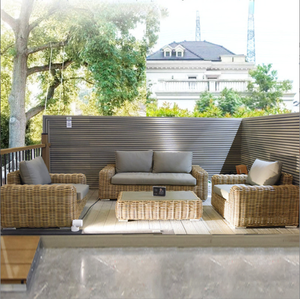 Ensemble de canapés d'extérieur en rotin tressé moderne pour villa, avec coussins écologiques résistants aux intempéries et à séchage rapide pour jardin - Product Image 2