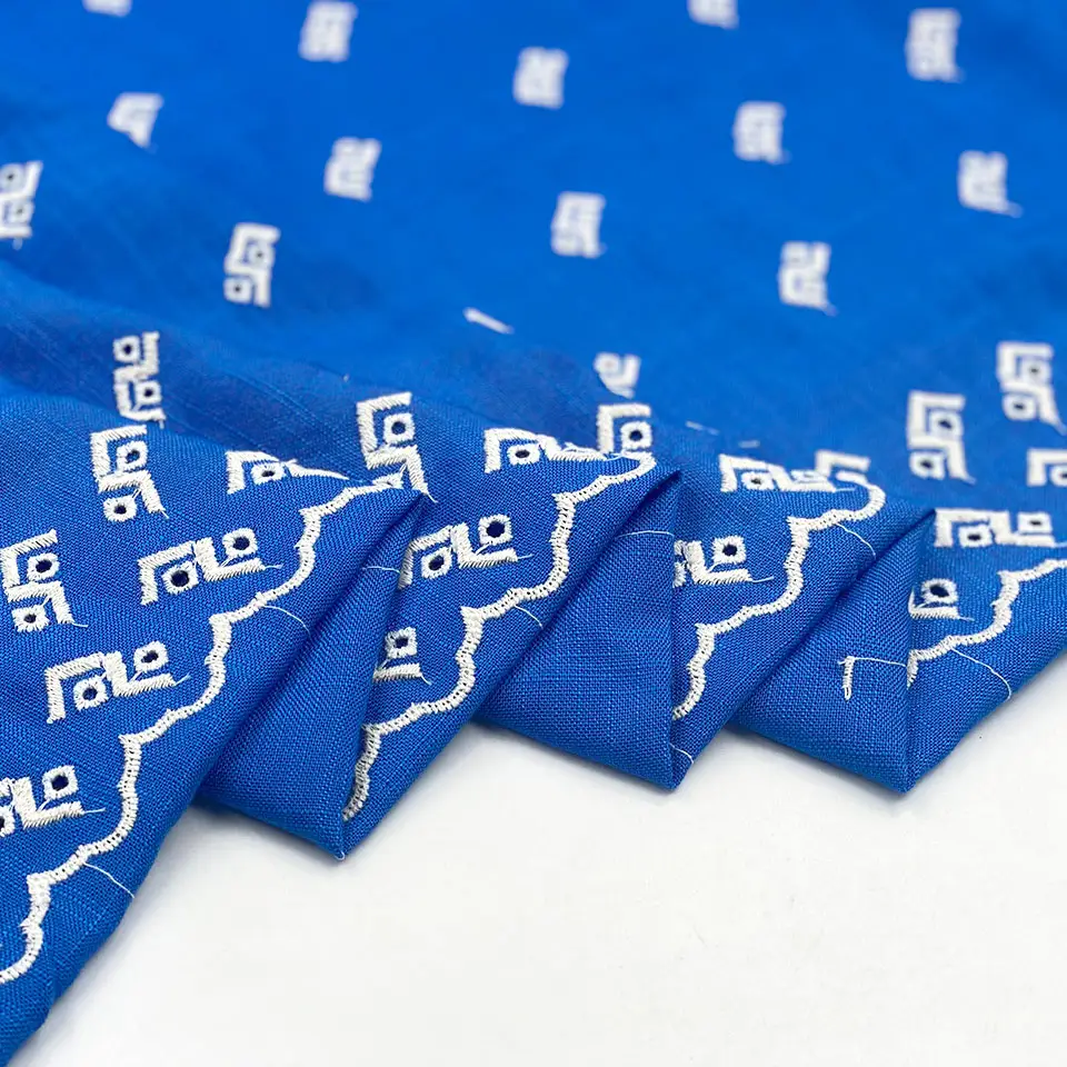 Fancy designer blue slub viscose 20sb 180gsm blend 50% rayon 50% cotton embroidery lace dress fabric