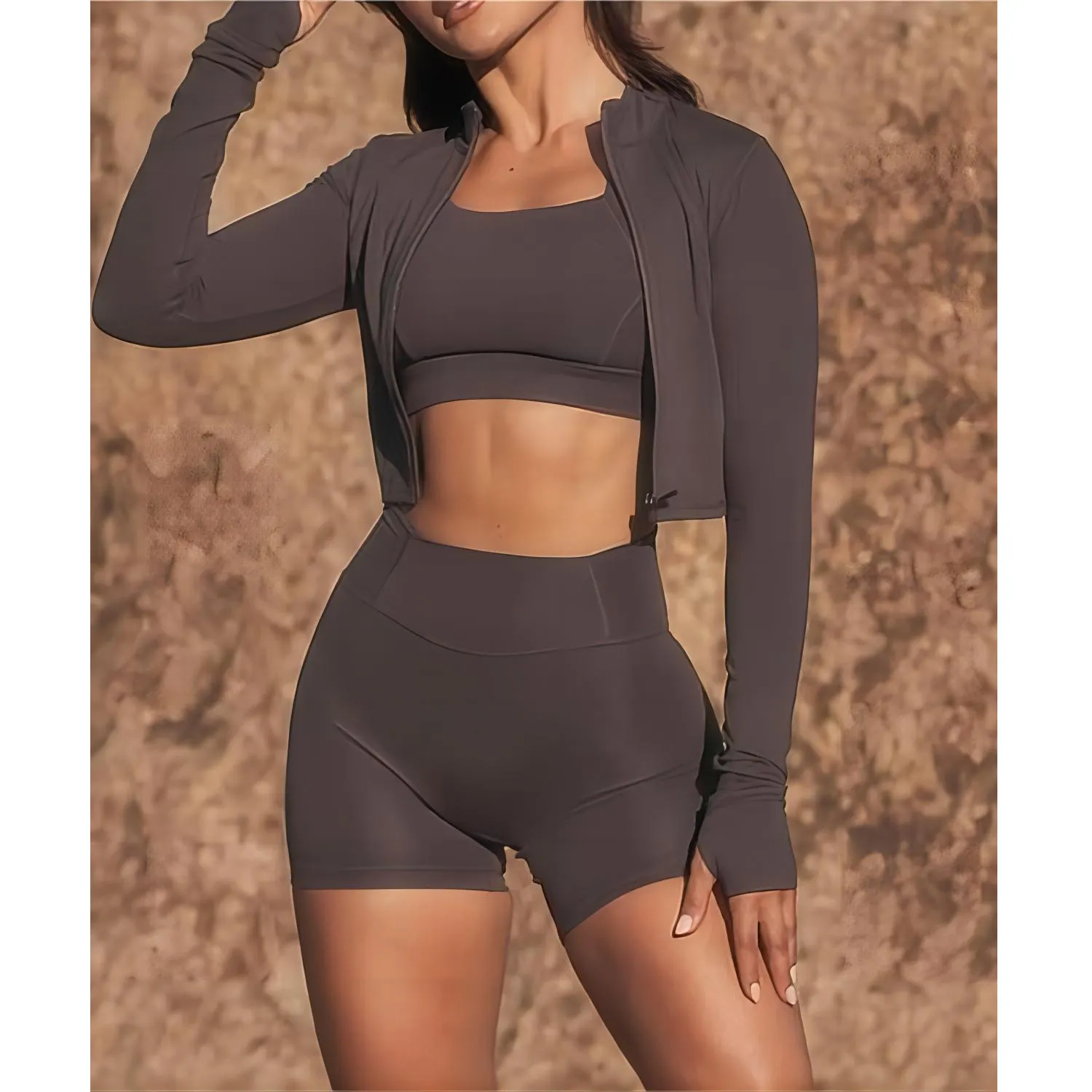 F230519 Benutzer definierte Frauen Outdoor Fitness 3-teilige Trainings anzüge Yoga-Sets Sport bekleidung Yoga Crop Tops Zip Up Jacke Shorts mit hoher Taille