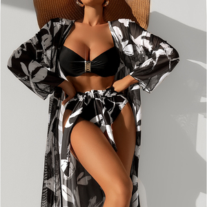 2024 Split tres piezas malla <span class=keywords><strong>Bikini</strong></span> estampado conjunto manga larga <span class=keywords><strong>Big</strong></span> <span class=keywords><strong>Boob</strong></span> traje de baño mujeres - Product Image 1