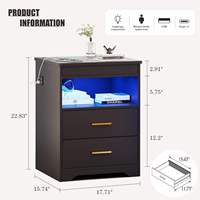 Table de chevet moderne et contemporaine avec 2 tiroirs, port de charge USB Type-C, lumière LED à capteur humain, bois de pin, chambre à coucher, maison