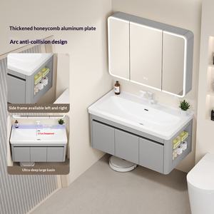 ตู้กระจกอัจฉริยะทรงโค้งพร้อมไฟส่องสว่าง วัสดุอะลูมิเนียมอวกาศ สำหรับห้องน้ำ พร้อมที่เก็บเครื่องสำอางและอ่างล้างหน้าเซรามิกแบบฝังลึก - Product Image 1