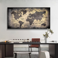 Grande peinture sur porcelaine encadrée avec cristaux pour salon, bureau, hôtel, carte du monde moderne, décoration murale industrielle