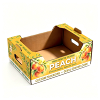 Caisse empilable personnalisée en carton ondulé jaune imprimé motif soleil de pêche, avec poignée, pour l'emballage de fruits frais