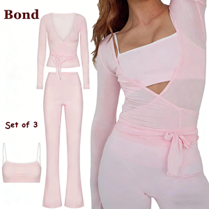 Conjunto Deportivo de Yoga Bond de 3 Piezas: Sujetador Deportivo, <span class=keywords><strong>Pantalones</strong></span> de Yoga con Corte Acampanado y Blusa Cruzada de <span class=keywords><strong>Ballet</strong></span> en Tela Elástica <span class=keywords><strong>para</strong></span> Mujer - Product Image 1