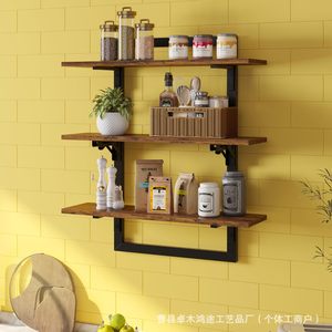 Iron And Wood Floating <b>Wall</b> <b>Shelf</b> Rectangle Foldable <b>Wall</b> <b>Mounted</b> Storage Rack For Kitchen Neatening - Product Image 4