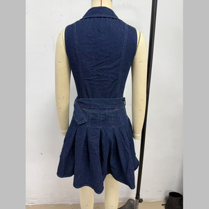 Channel Chic Sleeveless Pleated Denim Mini Dress for Women Teen Girl Summer 2026 Collared Button <strong>Jean</strong> a <strong>Line</strong> Short Dresses - Product Image 6