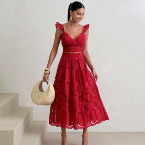 Conjunto Casual de Moda para Vacaciones en la Playa, Nuevo Modelo 2026, Top Corto <span class=keywords><strong>con</strong></span> Cuello en V + <span class=keywords><strong>Falda</strong></span> Tipo Paraguas de Cintura Alta <span class=keywords><strong>con</strong></span> Bordado - Product Image 1