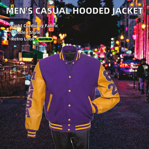 Blouson bomber décontracté à capuche pour homme, nouveau modèle en velours côtelé vintage, finition unie teinte pour le printemps - Product Image 2