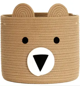 Large Woven Animal Cotton Rope Storage Basket Laundry Basket Organizer With Bear Design