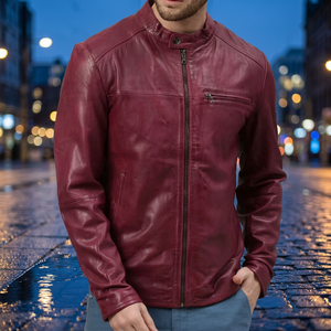 Chaqueta de cuero burdeos para hombre, estilo motociclista, con cierre de cremallera, cuello alto, abrigo sólido estilo biker. - Product Image 4