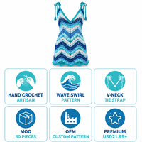 Mini-robe femme personnalisée au crochet à la main, motif vague, turquoise, col en V, bretelles spaghetti, ajourée, moulante, plage, OEM, vente en gros, marque privée