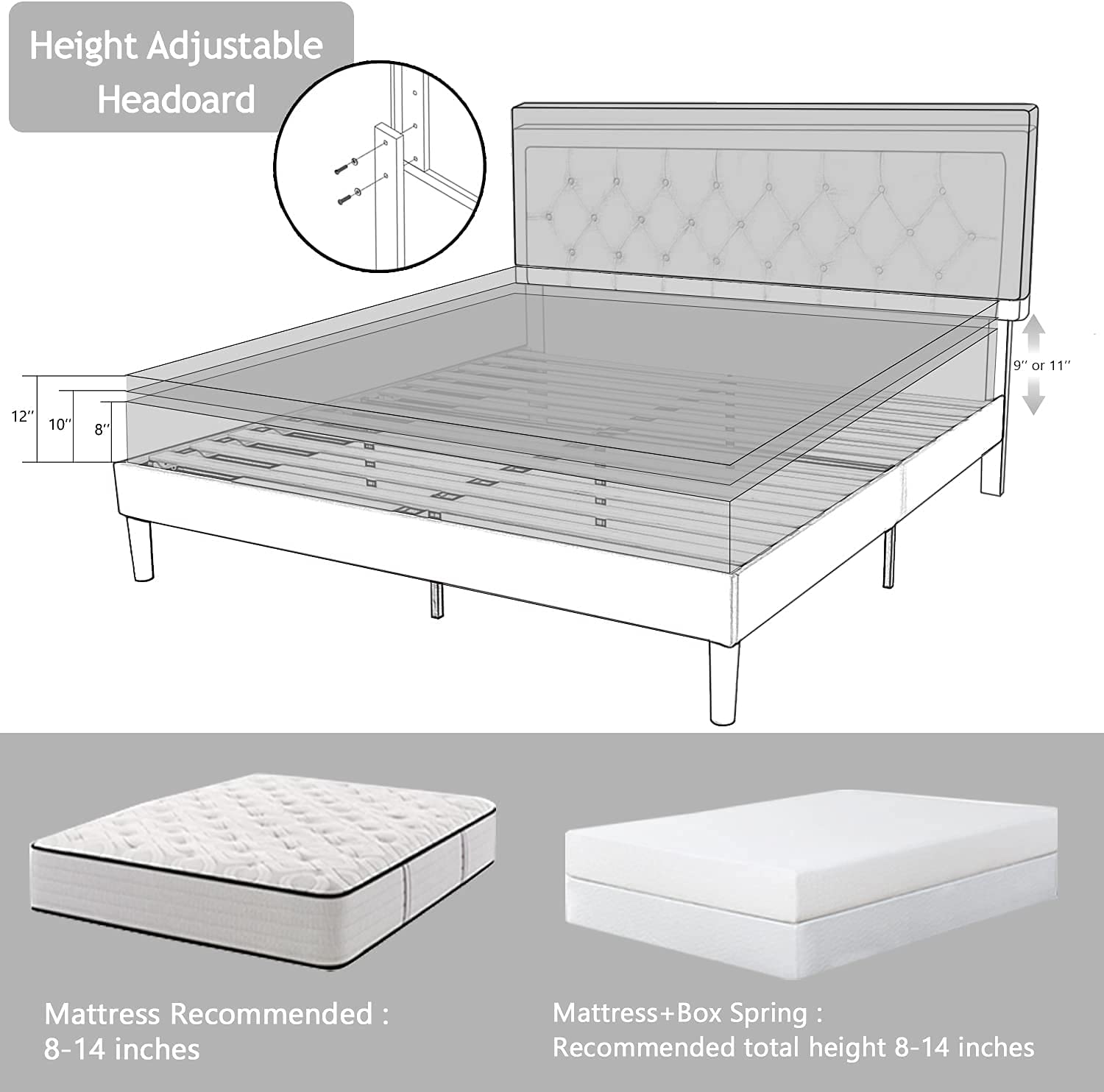 Luxury Upholstered Modern Platform King Size grey storage leather fabric Bed Frame