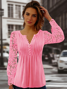 Women's Plus Size Vibrant <b>Pink</b> Milk Fiber <b>Lace</b> Regular Sleeve Casual Scalloped V-Neck Button Front Pleated Tunic Top Spring - Product Image 6
