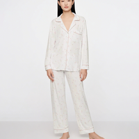 Pyjama en viscose à imprimé floral personnalisé en provenance de bambou, manches longues avec passepoil, pyjama pour femme, vêtements de nuit, vêtements de détente, ensemble pour femmes