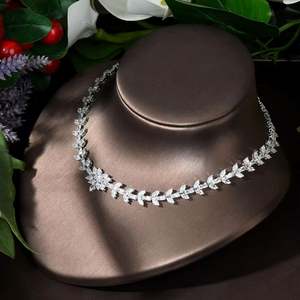 HIBRIDE Simple Leaf Design 4pcs Necklace Earring Set Cubic Zirconia Jewelry Sets for Dubai Nigeria Wedding Formal Occasion N-281 - Product Image 5