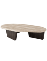 Table basse ovale moderne en marbre beige avec plateau convertible et pieds en placage