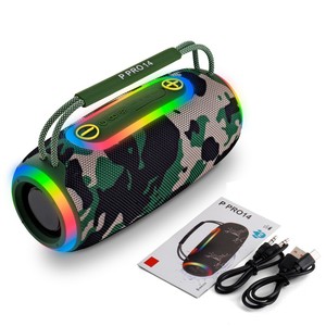 ลำโพงพกพา P PRO14 พลาสติก ไฟ RGB แสงไฟตามจังหวะเพลง AI กันน้ำ ชาร์จซ้ำได้ บูมบ็อกซ์ ลายพราง ตาข่าย สเตอริโอ - Product Image 1