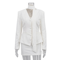Ensemble semi-jupe tendance BH1914 - Nouveau style automne : Écharpe, col en V, manches longues, gilet ajusté, jupe longue, ensemble deux pièces