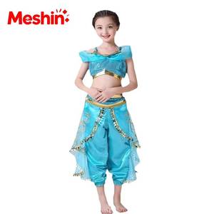 Girls Teal Arabian Princess Costume Kids <b>Sequin</b> Crop Top Harem <b>Pants</b> Set for Halloween & Carnival - Product Image 1