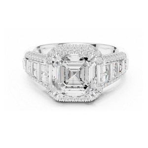 Bague de fiançailles taille Asscher en or jaune avec halo de diamants, baguettes et pavé, large bande, bague statement, bijoux de mariée élégants - Product Image 3