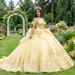 Vestido de Fiesta Largo con Apliques de Encaje y Lazo Amarillo, Escote Corazón, Estilo Princesa, para Quinceañera, Sweet 16, Modelo Dy1331 - Product Image 1