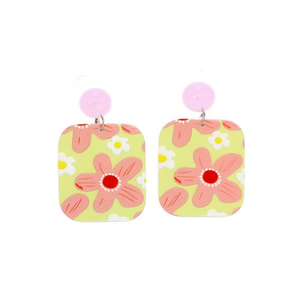 Boucles d'oreilles pendantes en acrylique floral, motif fleur jaune et rose, accessoire de mode mignon pour femme - Product Image 1