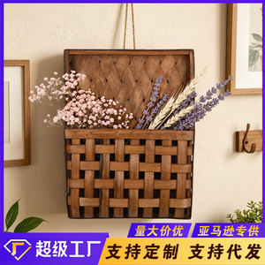 Wooden <b>Wall</b> Mounted <b>Storage</b> Basket Rectangle <b>Hanging</b> Home Decor Woven Basket For Indoor Use - Product Image 5