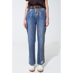 Jeans a Gamba Dritta Strappati con Riflessi Metallici Dorati - Product Image 6