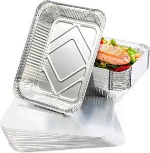 Bandeja contenedora de papel de aluminio rectangular con tapa para calentar paquetes de alimentos/platos desechables de papel de aluminio para barbacoa, catering