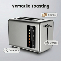 Grille-pain 2 tranches 900W en acier inoxydable à fentes courtes avec compte à rebours LED, fonctions réchauffage, décongélation, bagel et annulation, 6 niveaux de cuisson, 110V 220V