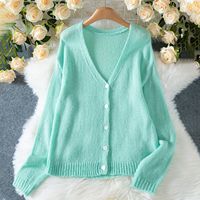 Cardigan en maille ouverte pour femme, coupe ample, col en V, boutonnage frontal, manches longues, tricot tendance pour le printemps et l'automne, vente en gros