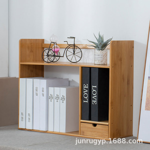 Bamboo Mini <b>Desktop</b> Storage Rack 2 Tier Wooden Bookshelf Office Organizer Natural Wood Color Rectangle Standing Type - Product Image 1
