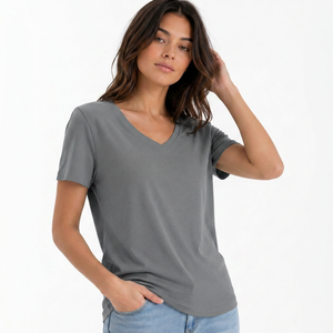 Camiseta de punto casual para mujer, gris, con cuello en V, manga corta, diseño de hombros ahuecados, ajuste holgado, para primavera y verano - Product Image 4