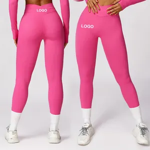 Legging olahraga cepat kering baju olahraga wanita Legging kebugaran wanita mulus celana pinggang tinggi pengangkat bokong untuk wanita Legging Yoga Logo kustom