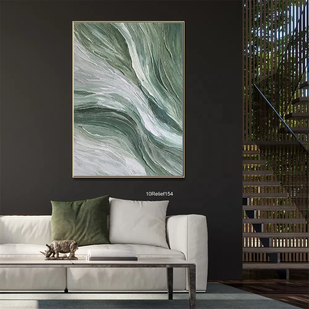 Peintures abstraites vertes et blanches modernes en relief à texture épaisse, peinture à l'huile faite à la main sur toile pour la décoration intérieure, art mural
