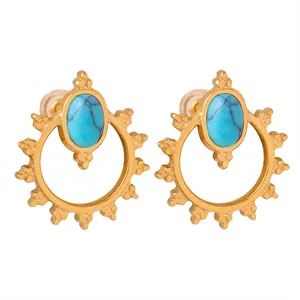 Titanium Steel Waterproof Gold Plated Jewelry Luxury Geometric Unique Inlay Turquoise Sun Flower Stud Earrings